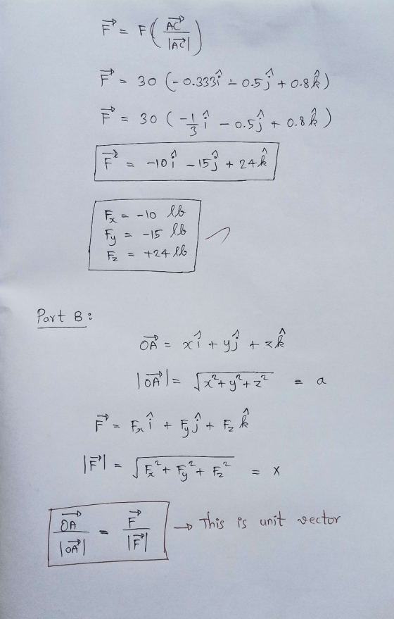 AC 74 = 30 (-0.333? – 0.59 +0.8k) - 0.59 + 0.8k) 101 - 159+2 = 30 (-17 3 1 JI + 24k F = - 10 lb = 15 lb +24 lb Fy Ez = Part B