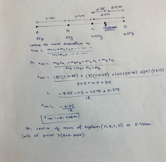 2.15m 0.35 0.3m 2.5m 0.3m A B (Reference point) > 2.5kg 4.5kg gkg 23 centre as mans defination is, Xcm = mix, + m2x2+ - - mit