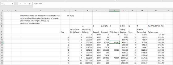 K11 X fo =J9+J10+J11 C D E F G H - K L M N 0 P 1 2 2% (6/3) 3 Effective Interest for Period of one third of a year Future Val