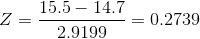 Z=\frac{15.5-14.7}{2.9199}=0.2739