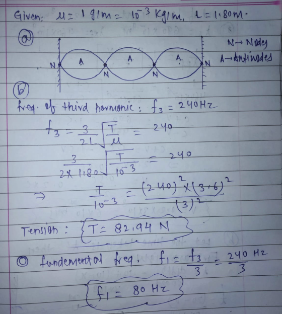 Given; M = 191m = 103 kgim, L = 1.80m. N-> Nindey a A A A¬Antinodes N ya N free of third harmonic: f3 = 240 Hz tz-3 IT 2 yo 3