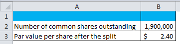 A B B 1 2 Number of common shares outstanding 1,900,000 3 Par value per share after the split $ 2.40