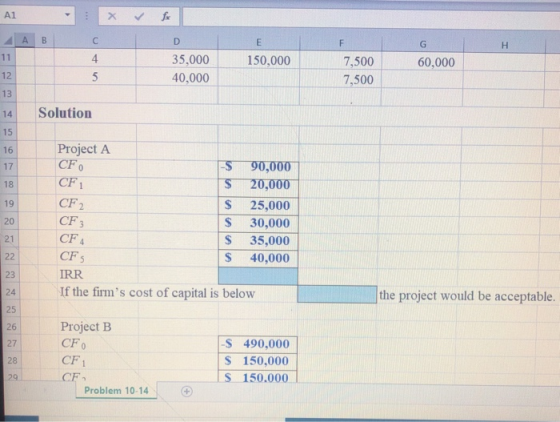 A1 x & fx A B C 150,000 35,000 40,000 60,000 7,500 7,500 Solution CF1 Project A CF. -S 90,000 20,000 CF $ 25,000 CF3 $ 30,000