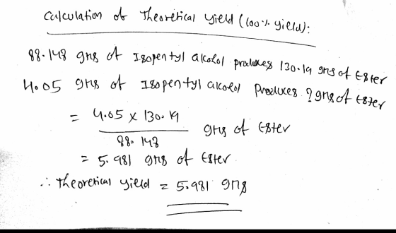 calculation of Theoretical yield (100% gillu): cohol preluces 130.19 gns of Ester 88.148 grs of Isopentyl alkohol produces 13