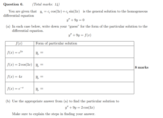 Question 6. (Total marks: 14) You are given that y = cos(3x) + sin(3.c) is the general solution to the homogeneous differenti