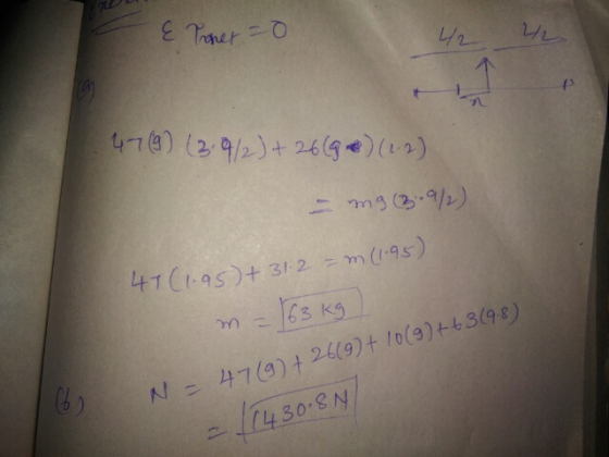 & Proner =0 42 42 47(0) (3:9/2) + 2696)(2) - mg (3.9/2) 41(195) + 312 = m (1-95) m = 163 kg m N - 4719) +2619) + 10(9)+3(98)