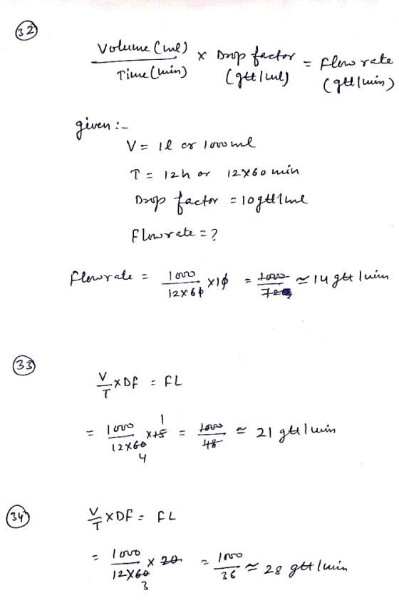 volume Cul) x Time (min) Drop factor [gettlull flow rate (g/min) given :- v=ll as lowone T = 12h or 12x60 min Doop factor = l