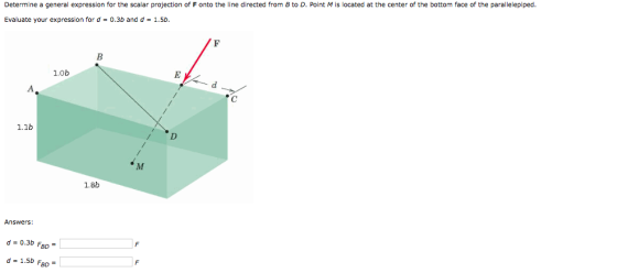 Determine a general expression for the scalar projection of F onto the line directed from B to D. Point M is located at the c