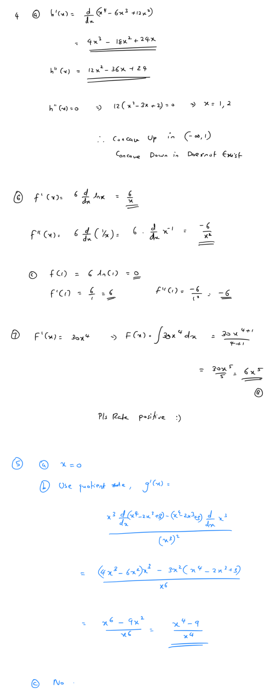 4 @ hw)= eine Gas - 6x2 +1242) 403 18x? + 24% h (m) 12 x²_36x +24 h (w) = 0 12(x-3x + 2) = 0 ~ 2, 2 : Concace Up in (-00,