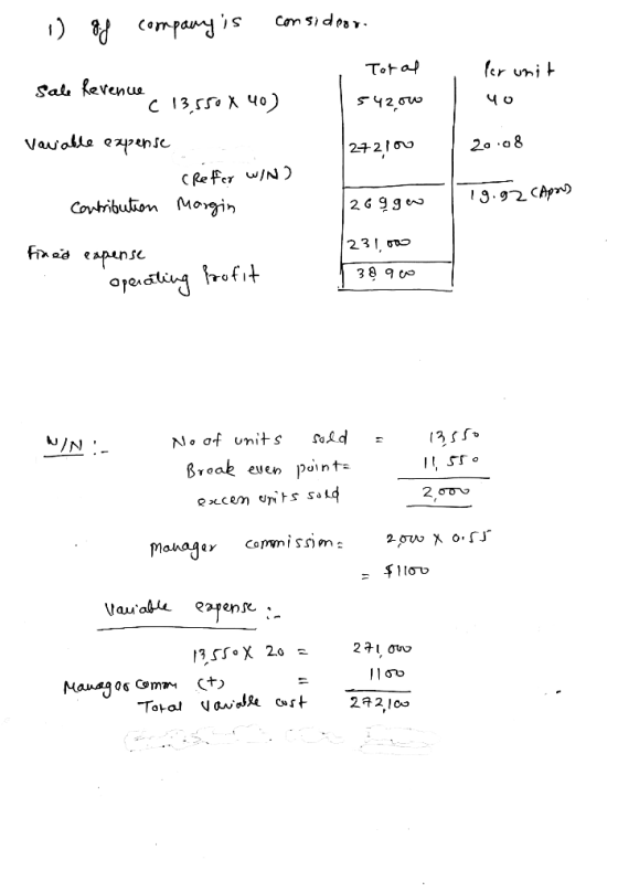- 1) of company is consideor. Total Sale Revence c 13.550 X 40) for unit 40 54200 272100 20.08 Variable expense - Contributio