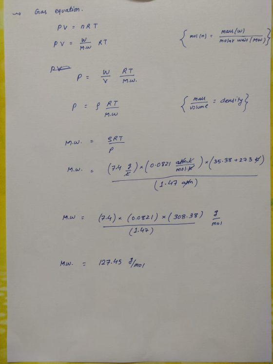 equation Gas PV= nRT mars (w) molar wait (Mw mol (n)= PV= RT Mow RT P = Y M.w. denity mals P:PRT Vlume M.w SRT M.w. 35.38+27
