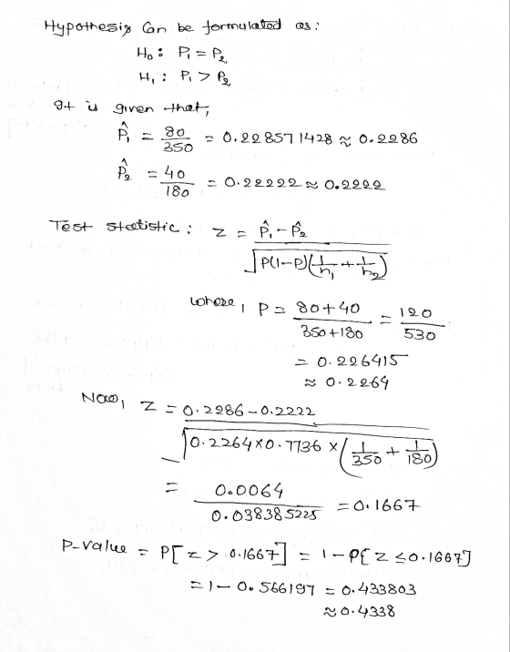 Hypothesis can be formulated as: Ho: Pi = Per He: Pi> P₂ It is given that, 80 = 0.22 8571428 ñ 0.2286 350 Pi= دعم =40 -0.2222