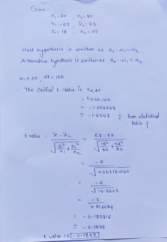 Giveni n = 80 n₂=80 Xi = 67 Si=18 Xzi 73 S2 = 29 Null hypothesis Ho all, =12 hypothesis is written as Alternative hypothesis