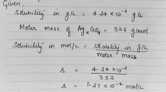 Given I solubility in g/ha 4.24 x 102 g/L Molar mass of Ag Croq = 332 g/mol Solubility in mol/La solubility in g/L Molar mass