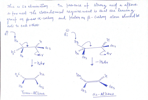This is Ez elimination . In presence of strong and a alkene is formed. The stereochemical requirement is that the leaning gro