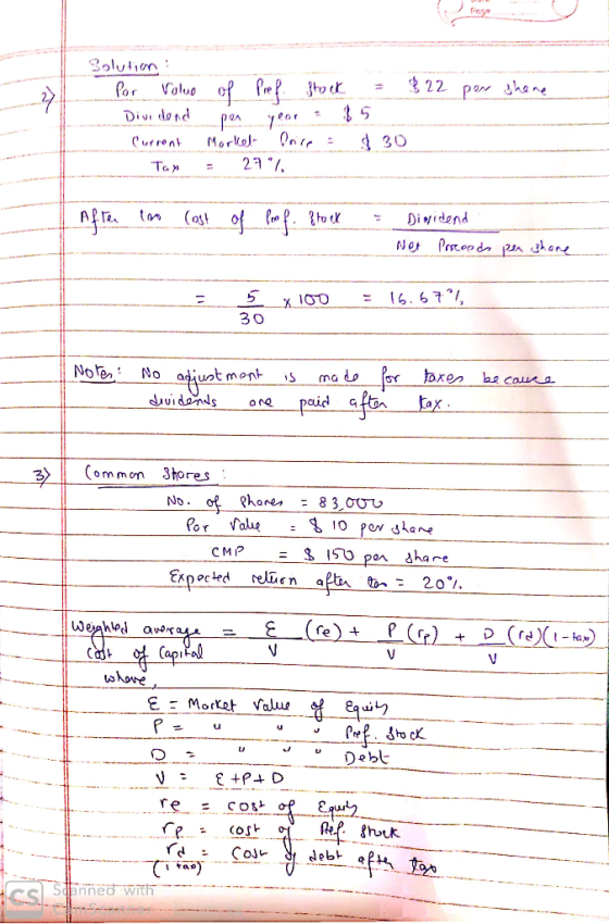 per shere Solution : Por Value cond Current Tam of Pref. stock = 822 per year. 35 orket Price : d 30 = 27% After too lost of
