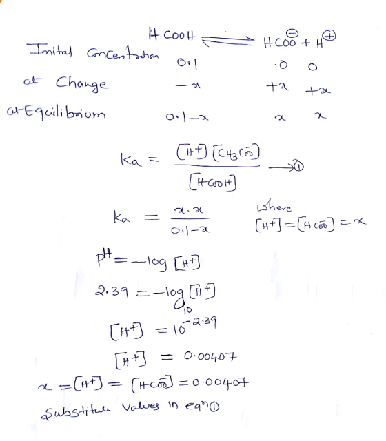 CooH GnCentn Change GrEquilibriom Ka + tl ushere Ka O.1-a 2.39 CH lo29 O o040 (tcoo0040 Substita Values In eano