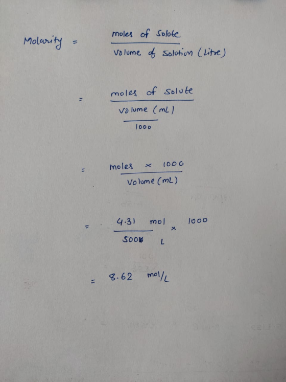 moles of Solote Molanity vo lume f Soluhm (Lite) Moles of Solute valume (mL) 1000 moles 1006 Volume (mL) 4.3) molo 1000 X SOO