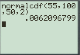 normalcdf 55, 100 50,2 .0062096799