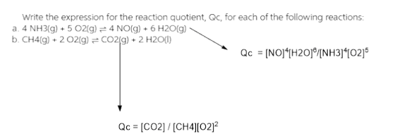 Write the expression for the reaction quotient, QC, for each of the following reactions: a. 4 NH3(g) + 5 O2(g) = 4 NO(g) + 6