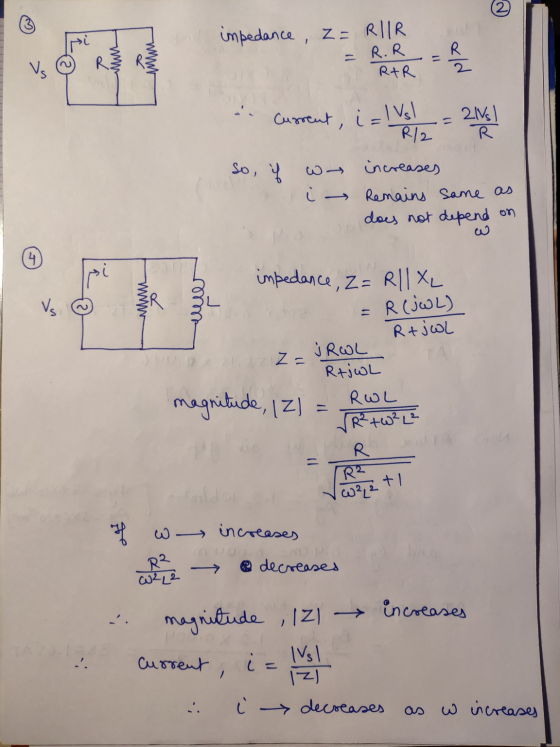 Iri impedance, Z= RIIR mann www = R.R - ald Vs R&R Current , i=1 Vsi So, if w- i. 211) R/2 R increases Remains same as does n