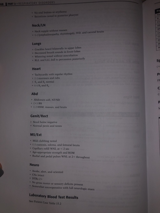 68 PART 2 RESPIRATORY DISORDERS • No oral lesions or erythema - Secretions noted in posterior pharynx Neck/LN Neck supple wit