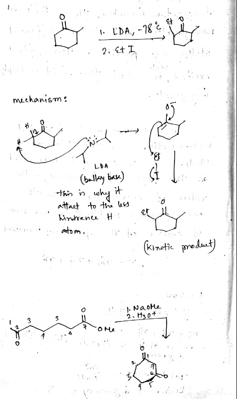 & 0 hy I LDA, - y , 2. et I mechanism: 0 # AU. - LDA (bulky base) this is why it attact to the less hindrence H . et 1 (kinet