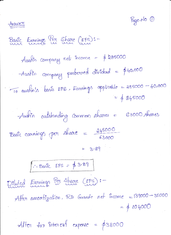 Page lo Basfc arningPen Sharc (Eps):- $a85000 Aui Company neb income Ausfin company Preberned dividend aufiebas EPS = 285000