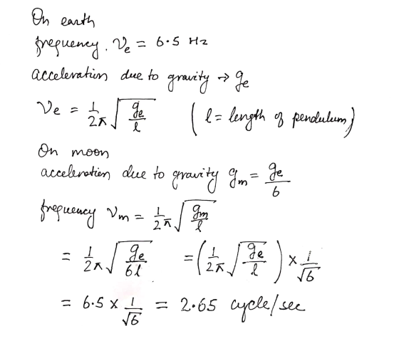 Hz On earth grequency Acceleratin due to Ve = 6.5 > ge Ve = 1 g ge gravity les b= length of pendulum l On moon acceleration d