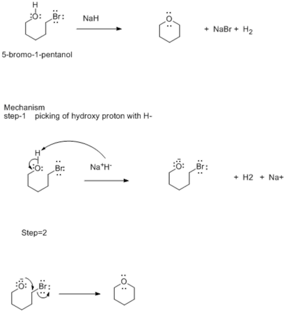 O: Br NaH + NaBr+H2 5-bromo-1-pentanol Mechanism step-1 picking of hydroxy proton with H- NatH + H2Na+ Step 2 Br: