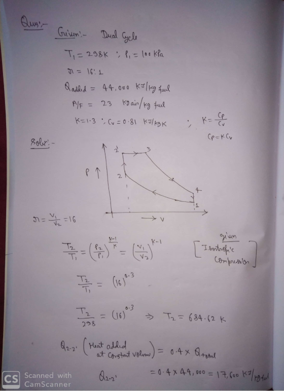 Quyi, Griveni - Dual Cycle T=298K , P = 100 kPa r = 16:1 o added = 44,000 kJ/kg fuel P/f = 23 kg ain/kg fuel K=1.3 (v=0.81 kJ