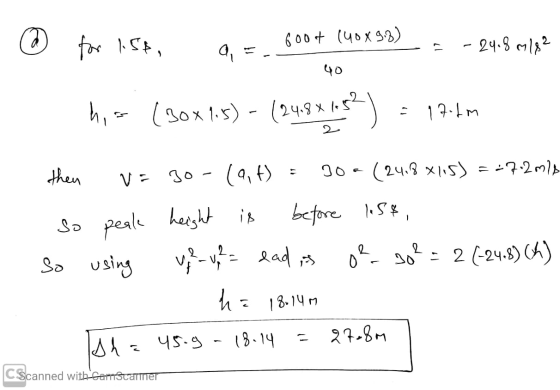 ਮਿS, 6004 140x9:8) a, - 24.8 m/82 40 hos (30x 75) - (24.5x1054) 17.4m So using then VE 30- (9,6) 30- (24,8 x115) = -7.2 m/s S