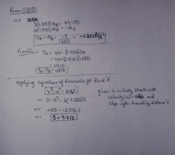 => 3605 3 (1.553) ag- 44-50 311.553) 0 B6 553 Om | TA:TB = 4816 applying equetliew ef kinamoltis jot block A 2. given, it ini