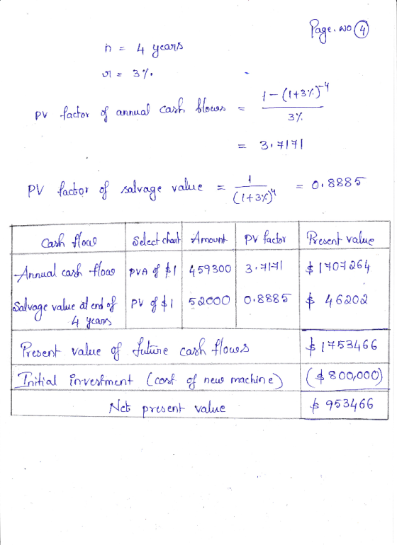 Page, wo @ n = 4 years 07= 30%. 1- 1 +371 PV factor of annual cash flows = ? - 3% = 31414! PV factor of salvage value = y = 0