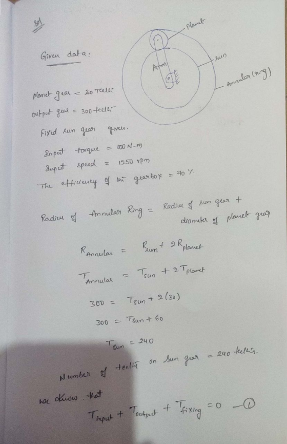 •Planet Given data: -sun a lang) Annuler 20 Teelt planct gear output geal - 300 teeth Fixed sun gear greu. Input torque - 200