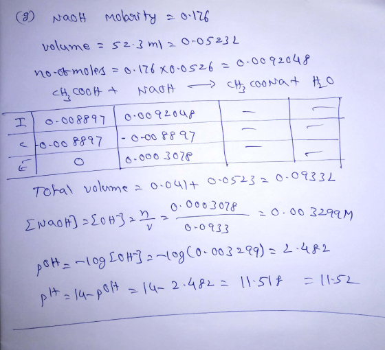 (9) Naoff molarity 2 0.126 volume = 52.3 mia 0-05232 notot moles = 0.126x0-0526= 0.00 92048 CH cooft WooH CH coonat to Il 0.0