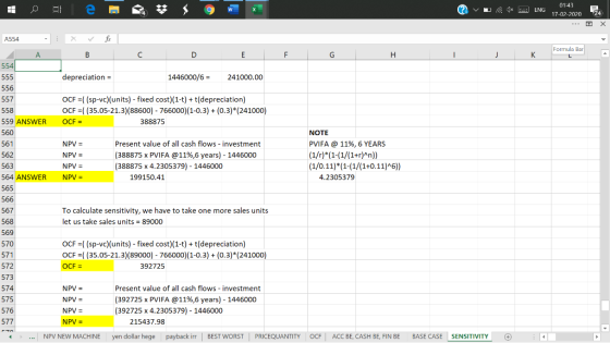 W ? v L 1 ENG 01:43 17-02-2020 24 A554 Formula Bar к 554 depreciation = 1446000/6 = 241000.00 555 556 557 558 559 ANSWER 560
