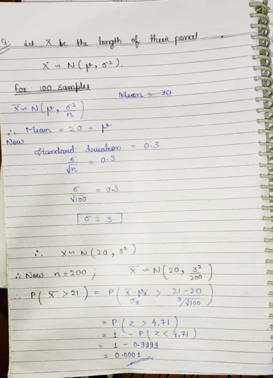 3; det X be the length of theve penal XnNlp,02), foro 100 Samples Xu No, or i Mean = 20 = pe Standard dawalton = 0.3 Mean - 2