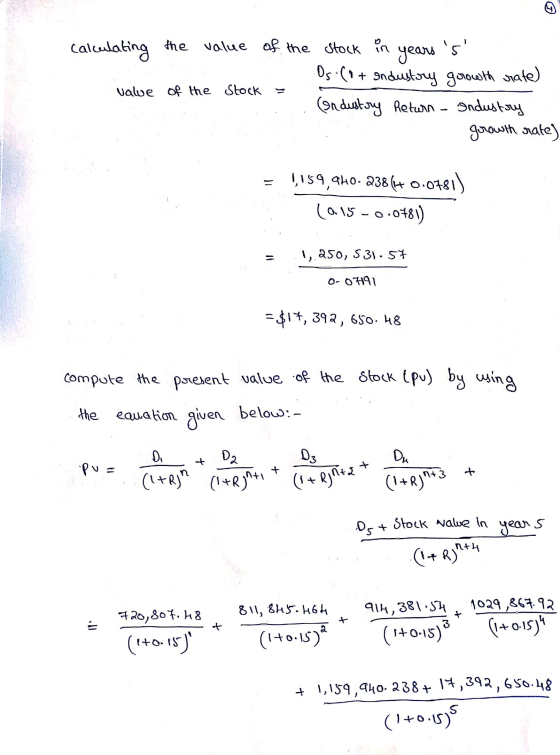 calculating value the value of the stock in years s Os (o + Industry growth rate) of the Stock , . (sndustry Return - Indus