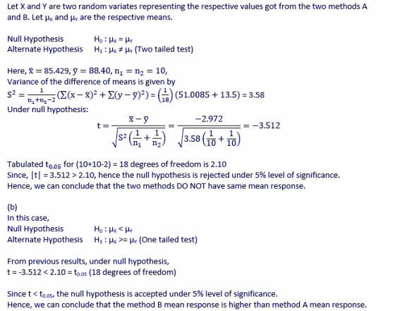 Let X and Y are two random variates representing the respective values got from the two methods A and B. Let Hy and Hy are th
