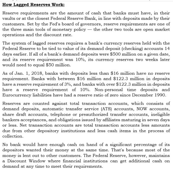 How Lagged Reserves Work: Reserve requirements are the amount of cash that banks must have, in their vaults or at the closest