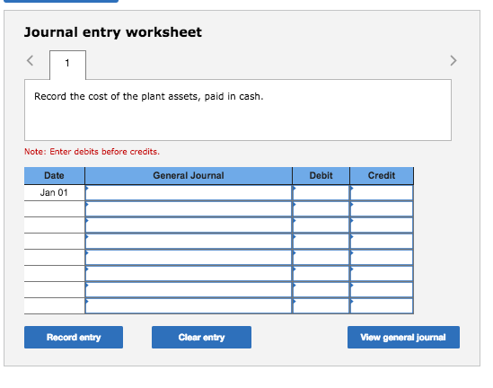 Journal entry worksheet Record the cost of the plant assets, paid in cash. Note: Enter debits before credits. Date General Journal Debit Credit Jan 01 Record entry Clear entry View general journal
