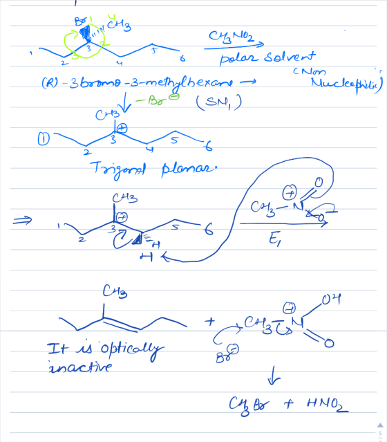 Bo CH₂ CM₂ NO2 • polas (R) - 3 bromo-3-methylhexane- (SM) solvent - (Non Mucle plonar Triganol CH3 E 01 + se It is optically