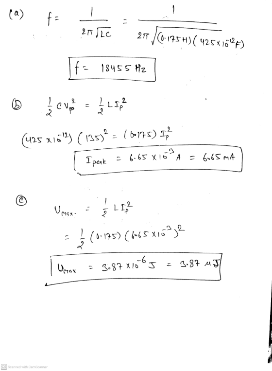 ca) fa 11 21 LC 27/60-175H) (425x1627) f = 18455 Hz - 1 (425 41013) (135)2 = (0175) I, I peak = 6.65810 H = 6.65 mA Umax 11,