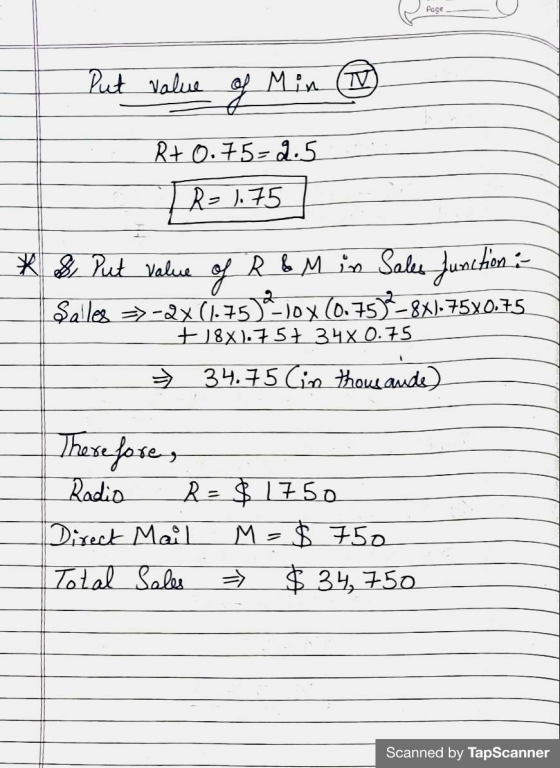 Page Put value % Min (TV) R+ 0.75-2.5 R=1.75 * & put value of R & M in Sales function : Salles =>> -2x (1.75)?-10X (0.753-8X)