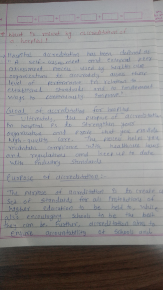 accreditation of * What is meant by a hospital i Hospital accreditation has been defined as O self-assenment and external p
