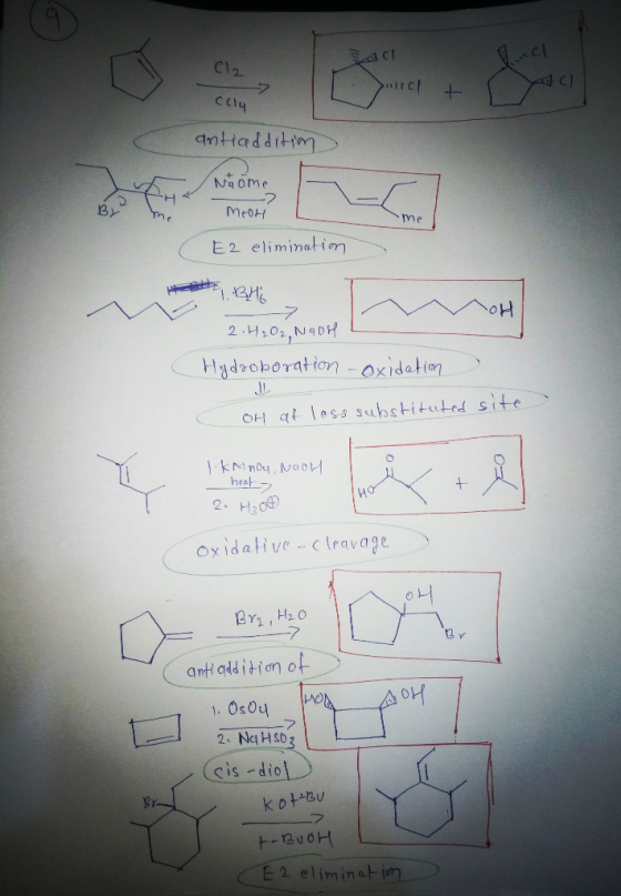 C12 Cl + ccly antiadditim Naome -7 MeOH me E 2 elimination `아H -7 2 102,N9DH Hadooboration oxidetion OH at loss Substituted s