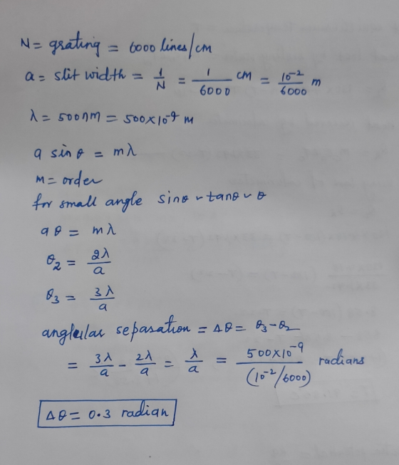 N= grating = 6ooo lines/cm mes/cm a= slit width = 6000 см 102 m N 6000 A = 5000m = 500x109 m a sino = ml m= order for small a