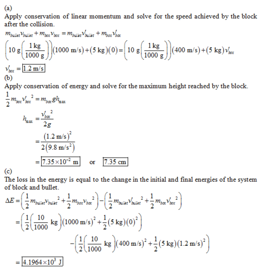 Apply conservation of linear momentum and solve for the speed achieved by the block after the collision 1 kg 0000 m/s)+(5 ke)