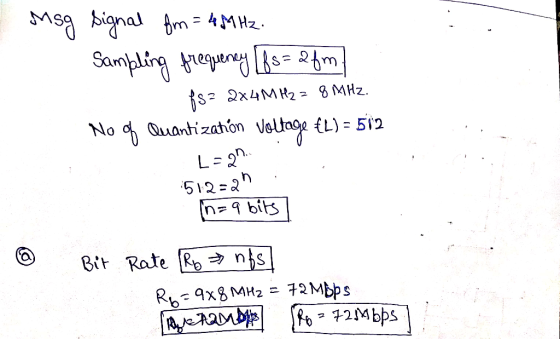 Msg signal fm = 4MHz. Sampling frequency [&s=2fm s2x4 M H22 8 MHZ. Quantization Voltage #L) = 512 L=2n.. 512=2 In=9 bits No